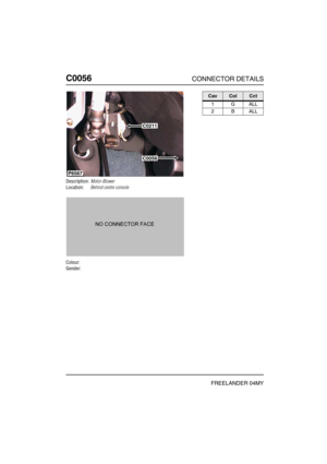 Page 215C0056CONNECTOR DETAILS
FREELANDER 04MY
C005 6
Description:Motor-Blower
Location:Behind centre console
Colour:
Gender:
P6567
C0211
C0056
CavColCct
1GALL
2BALL 
