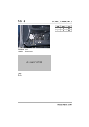 Page 241C0116CONNECTOR DETAILS
FREELANDER 04MY
C011 6
Description:Diode
Location:Behind glovebox
Colour:
Gender:
P7095
C0006
C0116
CavColCct
1KALL
2KALL 