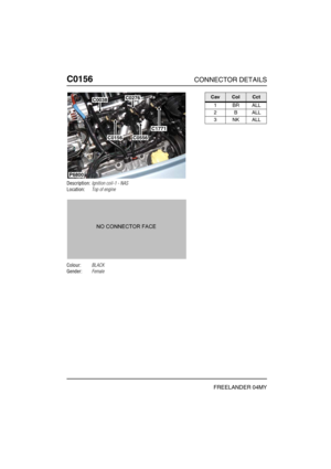 Page 265C0156CONNECTOR DETAILS
FREELANDER 04MY
C015 6
Description:Ignition coil-1 - NAS
Location:Top of engine
Colour:BLACK
Gender:Female
P6800
C0038C0276
C0556C0156
C1771
CavColCct
1BRALL
2BALL
3NKALL 