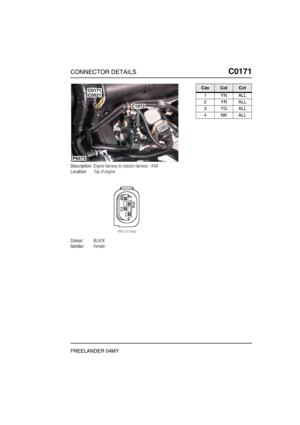 Page 282CONNECTOR DETAILSC0171
FREELANDER 04MY
C0 171
Description:Engine harness to injector harness - KV6
Location:Top of engine
Colour:BLACK
Gender:Female
P6573
C1972
C0521C0171CavColCct
1YNALL
2YRALL
3YGALL
4NKALL 