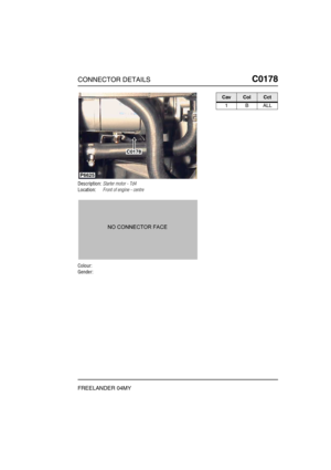 Page 294CONNECTOR DETAILSC0178
FREELANDER 04MY
C0 178
Description:Starter motor - Td4
Location:Front of engine - centre
Colour:
Gender:
P6625
C0178
CavColCct
1BALL 