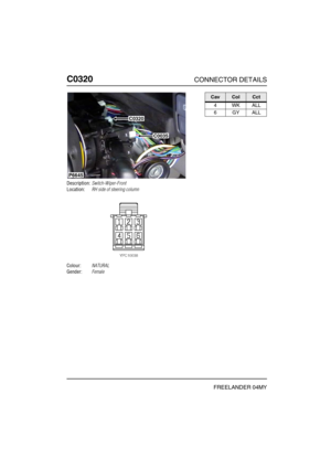 Page 359C0320CONNECTOR DETAILS
FREELANDER 04MY
C032 0
Description:Switch-Wiper-Front
Location:RH side of steering column
Colour:NATURAL
Gender:Female
P6645
C0320
C0035
CavColCct
4WKALL
6GYALL 