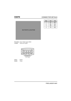 Page 381C0370CONNECTOR DETAILS
FREELANDER 04MY
C037 0
Description:Sensor-Heated oxygen (HO2S)
Location:Centre rear of engine
Colour:BLACK
Gender:Female
NO PHOTO LOCATION
CavColCct
1GYALL
2BGALL
3GNALL
4YGALL 