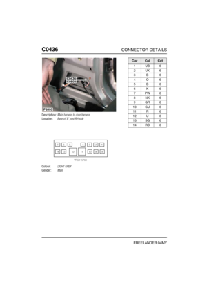 Page 409C0436CONNECTOR DETAILS
FREELANDER 04MY
C043 6
Description:Main harness to door harness
Location:Base of B post RH side
Colour:LIGHT GREY
Gender:Male
C0436C0803
P6595
CavColCct
1UB6
2UK6
3B6
4O6
5B6
6K6
7PW6
8NK6
9GR6
10 GU 6
11 R 6
12 U 6
13 SG 6
14 RO 6 