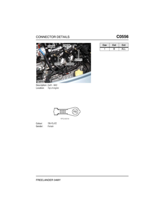 Page 470CONNECTOR DETAILSC0556
FREELANDER 04MY
C0 556
Description:Earth - NAS
Location:Top of engine
Colour:TIN-PLATE
Gender:Female
P6800
C0038C0276
C0556C0156
C1771
CavColCct
1BALL 