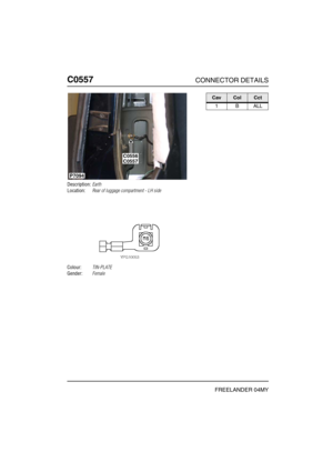 Page 471C0557CONNECTOR DETAILS
FREELANDER 04MY
C055 7
Description:Earth
Location:Rear of luggage compartment - LH side
Colour:TIN-PLATE
Gender:Female
C0557C0556
P7094
CavColCct
1BALL 