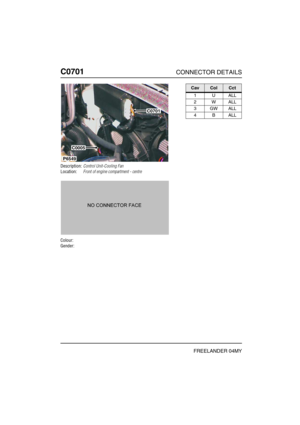 Page 533C0701CONNECTOR DETAILS
FREELANDER 04MY
C070 1
Description:Control Unit-Cooling Fan
Location:Front of engine compartment - centre
Colour:
Gender:
P6549
C0701
C0005
CavColCct
1UALL
2WALL
3GWALL
4BALL 