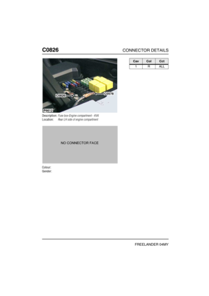 Page 549C0826CONNECTOR DETAILS
FREELANDER 04MY
C082 6
Description:Fuse box-Engine compartment - KV6
Location:Rear LH side of engine compartment
Colour:
Gender:
P6612
C0826C0578
CavColCct
1RALL 