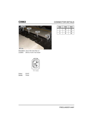 Page 573C0963CONNECTOR DETAILS
FREELANDER 04MY
C096 3
Description:Sensor-PDC-Outer-Rear-LH
Location:Behind LH side of rear bumper
Colour:BLACK
Gender:Female
C0963
C0964
C0965
C0966
P7113
CavColCct
1W39
2G39
3B39 