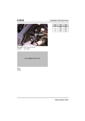 Page 597C1610CONNECTOR DETAILS
FREELANDER 04MY
C161 0
Description:Sensor-Pressure-Fuel rail
Location:Top of engine
Colour:
Gender:
P6600
C1610
CavColCct
1NGALL
2UBALL
3WYALL 