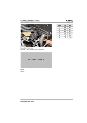 Page 608CONNECTOR DETAILSC1860
FREELANDER 04MY
C1 860
Description:Holder-Fuse
Location:Rear LH side of engine compartment
Colour:
Gender:
P6811
C0192
C0994
C1860
CavColCct
1A NW ALL
2A NW ALL
3A NW ALL
1B PS ALL
2B PW ALL
3B PG ALL 