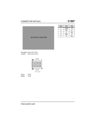 Page 616CONNECTOR DETAILSC1897
FREELANDER 04MY
C1 897
Description:Module-ICE interface
Location:Behind centre console
Colour:BLACK
Gender:Female
NO PHOTO LOCATION
CavColCct
1LGW12
2BR41
3KALL
5BW41
6BALL 