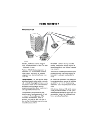 Page 6Radio Reception
3
Visteon Control Panel
R adio Rec eptionRADIO RECEPTION
Distortion, interference and lack of signal 
clarity, are often attributed to a fault in the radio 
- this is rarely the case.
Problems of this kind are usually caused by 
phenomena such as atmospheric conditions, 
signal strength, hilly terrain, tall buildings, 
bridges and even electrical interference from 
power lines.
Please remember: A car radio receives signals 
while the vehicle is in motion (unlike a domestic 
set) -...