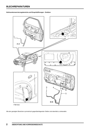 Page 245BLECHREPARATUREN
2
ABDICHTUNG UND KORROSIONSSCHUTZ
Hohlraumkonservierungsbereiche und Einspritzöffnungen - Dreitürer
Alle den gezeigten Bereichen symmetrisch gegenüberliegenden Stellen sind ebenfalls zu behandeln. 