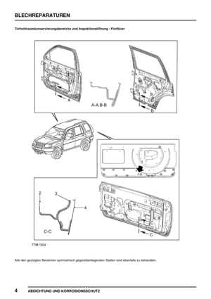 Page 247BLECHREPARATUREN
4
ABDICHTUNG UND KORROSIONSSCHUTZ
Türhohlraumkonservierungsbereiche und Inspektionsöffnung - Fünftürer
Alle den gezeigten Bereichen symmetrisch gegenüberliegenden Stellen sind ebenfalls zu behandeln. 