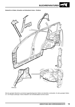 Page 256BLECHREPARATUREN
ABDICHTUNG UND KORROSIONSSCHUTZ13
Klebstoff an A-Säule, Schweller und Seitenblech hinten - Fünftürer
Alle den gezeigten Bereichen symmetrisch gegenüberliegenden Stellen sind ebenfalls zu behandeln. An allen gezeigten Stellen
in 3- mm-Raupen aufbringen. Keinen Klebstoff in die Schwellerabläufe kommen lassen. 