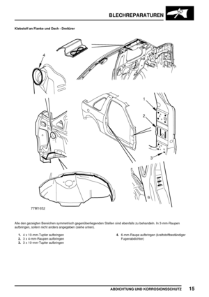 Page 258BLECHREPARATUREN
ABDICHTUNG UND KORROSIONSSCHUTZ15
Klebstoff an Flanke und Dach - Dreitürer
Alle den gezeigten Bereichen symmetrisch gegenüberliegenden Stellen sind ebenfalls zu behandeln. In 3-mm-Raupen
aufbringen, sofern nicht anders angegeben (siehe unten).
1.4 x 10-mm-Tupfer aufbringen
2.3 x 4-mm-Raupen aufbringen
3.3 x 10-mm-Tupfer aufbringen4.6-mm-Raupe aufbringen (kraftstoffbeständiger
Fugenabdichter) 