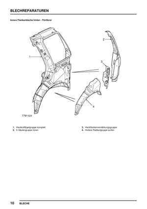 Page 281BLECHREPARATUREN
10
BLECHE
Innere Flankenbleche hinten - Fünftürer
1.Heckkotflügelgruppe komplett
2.E-Säulengruppe innen3.Heckflankenverstärkungsgruppe
4.Hintere Radlaufgruppe außen 