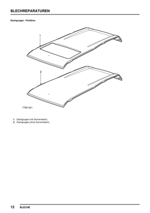 Page 283BLECHREPARATUREN
12
BLECHE
Dachgruppe - Fünftürer
1.Dachgruppe (mit Sonnendach)
2.Dachgruppe (ohne Sonnendach) 