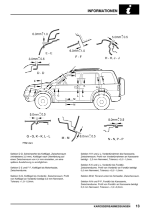 Page 72INFORMATIONEN
KAROSSERIEABMESSUNGEN13
Sektion D-D, Scheinwerfer bis Kotflügel, Zwischenraum
(mindestens 3,0 mm). Kotflügel nach Ofenhärtung auf
einen Zwischenraum von 4,4 mm einstellen, um eine
spätere Ausdehnung zu ermöglichen.
Sektion E-E und F-F, Kotflügel bis Motorhaube,
Zwischenräume.
Sektion G-G, Kotflügel bis Vordertür, Zwischenraum. Profil
von Kotflügel an Vordertür beträgt 0,0 mm Nennwert,
Toleranz +1,0/0,0mm.Sektion H-H und J-J, Vordertürrahmen bis Karosserie,
Zwischenraum. Profil von...