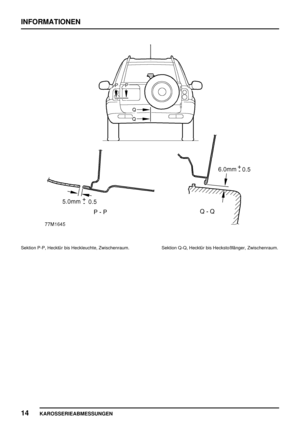 Page 73INFORMATIONEN
14
KAROSSERIEABMESSUNGEN
Sektion P-P, Hecktür bis Heckleuchte, Zwischenraum. Sektion Q-Q, Hecktür bis Heckstoßfänger, Zwischenraum. 