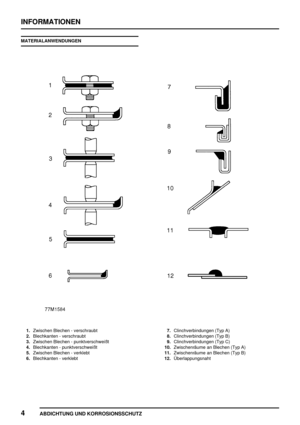 Page 77INFORMATIONEN
4
ABDICHTUNG UND KORROSIONSSCHUTZ
MATERIALANWENDUNGEN
1.Zwischen Blechen - verschraubt
2.Blechkanten - verschraubt
3.Zwischen Blechen - punktverschweißt
4.Blechkanten - punktverschweißt
5.Zwischen Blechen - verklebt
6.Blechkanten - verklebt7.Clinchverbindungen (Typ A)
8.Clinchverbindungen (Typ B)
9.Clinchverbindungen (Typ C)
10.Zwischenräume an Blechen (Typ A)
11.Zwischenräume an Blechen (Typ B)
12.Überlappungsnaht 