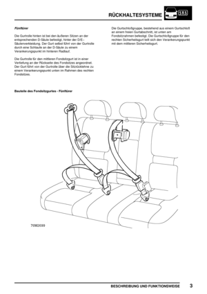 Page 86RÜCKHALTESYSTEME
BESCHREIBUNG UND FUNKTIONSWEISE3
Fünftürer
Die Gurtrolle hinten ist bei den äußeren Sitzen an der
entsprechenden D-Säule befestigt, hinter der D/E
Säulenverkleidung. Der Gurt selbst führt von der Gurtrolle
durch eine Schlaufe an der D-Säule zu einem
Verankerungspunkt im hinteren Radlauf.
Die Gurtrolle für den mittleren Fondsitzgurt ist in einer
Vertiefung an der Rückseite des Fondsitzes angeordnet.
Der Gurt führt von der Gurtrolle über die Sitzrücklehne zu
einem Verankerungspunkt unten...