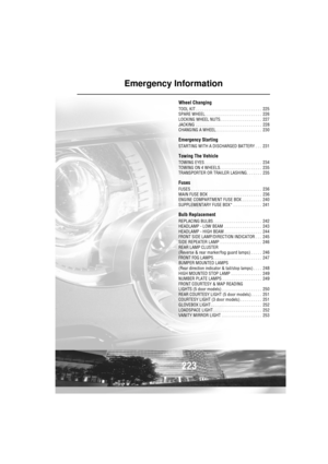 Page 223223
Emergency Information
Wheel Changing
TOOL KIT . . . . . . . . . . . . . . . . . . . . . . . . . . . . . .  225
SPARE WHEEL. . . . . . . . . . . . . . . . . . . . . . . . . .  226
LOCKING WHEEL NUTS. . . . . . . . . . . . . . . . . . .  227
JACKING  . . . . . . . . . . . . . . . . . . . . . . . . . . . . . .  228
CHANGING A WHEEL. . . . . . . . . . . . . . . . . . . . .  230
Emergency Starting
STARTING WITH A DISCHARGED BATTERY . . .  231
Towing The Vehicle
TOWING EYES . . . . . . . . . . . . . . . ....