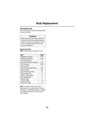 Page 242Bulb Replacement
242
Bu lb  Rep lace mentREPLACING BULBS
Check the operation of all exterior lamps before 
you use the vehicle.
Replacement bulbs
NOTE: All bulbs must be rated at 12 volts
NOTE: In certain territories it is a legal 
requirement to carry spare bulbs, in case of 
bulb failure. A replacement bulb kit is available 
as an approved accessory from your Land 
Rover Retailer.
IMPORTANT
Before replacing a bulb, always switch off 
the ignition switch and appropriate lighting 
switch to prevent any...