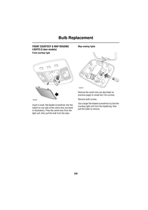 Page 250Bulb Replacement
250
FRONT COURTESY & MAP READING
LIGHTS (5 door models)
Front courtesy light
Insert a small, flat-bladed screwdriver into the 
indent on one side of the centre lens (arrowed 
in illustration). Prise the centre lens from the 
light unit, then pull the bulb from the clips.Map reading lights
Remove the centre lens (as described on 
previous page) to reveal two Torx screws.
Remove both screws.
Use a larger flat-bladed screwdriver to prise the 
courtesy light unit from the headlining, then...