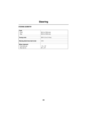 Page 262Steering
262
SteeringSTEERING GEOMETRY
Track:
- Front 60.4 in (1534 mm)
- Rear  60.8 in (1545 mm)
Turning circle38 ft 1.2 in (11.6 m)
Steering wheel turns lock to lock3.16
Wheel alignment:
- Front (toe out) -14 ± 15”
- Rear (toe in) 20 ± 15” 