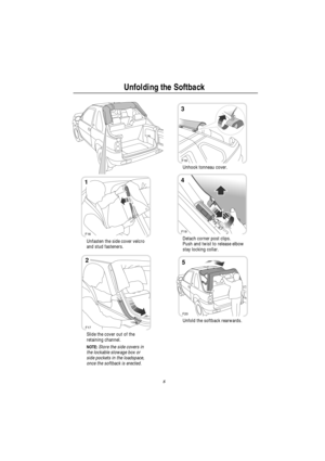 Page 6Unfolding the Softback
8
Unfasten the side cover velcro
and stud fasteners.
Slide the cover out of the
retaining channel.
NOTE:Store the side covers in
the lockable stowage box or
side pockets in the loadspace,
once the softback is erected.Unhook tonneau cover.
Detach corner post clips.
Push and twist to release elbow
stay locking collar.
Unfold the softback rearwards.
1
F16
2
F17
3
F18
4
F19
5
F20 