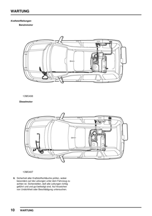 Page 119WARTUNG
10
WARTUNG
Kraftstoffleitungen
Benzinmotor
Dieselmotor
8.Sicherheit aller Kraftstoffschläuche prüfen, wobei
besonders auf die Leitungen unter dem Fahrzeug zu
achten ist. Sicherstellen, daß alle Leitungen richtig
geführt und und gut befestigt sind. Auf Anzeichen
von Undichtheit oder Beschädigung untersuchen. 