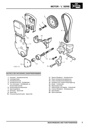 Page 186MOTOR - ’L’ SERIE
BESCHREIBUNG UND FUNKTIONSWEISE1
BAUTEILE DES NOCKENWELLENANTRIEBSRIEMENS
1.Schraube - Antriebsriemenrad
2.Unterlegscheibe
3.Antriebsriemenrad
4.Antriebsriemenrad - Stoßdämpfer
5.Torx-Schrauben - Stoßdämpfer an
Nockenwellenantrieb
6.Nockenwellenantriebsriemen
7.Spannergehäuse
8.Schraube - Spannrolle
9.Spannrolle
10.Innensechskantschraube - Spannrolle11.Oberes Rückblech - Antriebsriemen
12.Obere Antriebsriemenabdeckung
13.Untere Antriebsriemenabdeckung
14.Deckblech der vorderen...