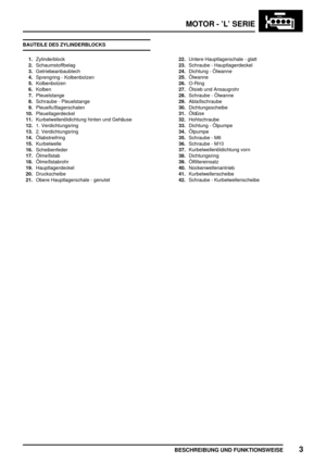 Page 188MOTOR - ’L’ SERIE
BESCHREIBUNG UND FUNKTIONSWEISE3
BAUTEILE DES ZYLINDERBLOCKS
1.Zylinderblock
2.Schaumstoffbelag
3.Getriebeanbaublech
4.Sprengring - Kolbenbolzen
5.Kolbenbolzen
6.Kolben
7.Pleuelstange
8.Schraube - Pleuelstange
9.Pleuelfußlagerschalen
10.Pleuellagerdeckel
11.Kurbelwellenöldichtung hinten und Gehäuse
12.1. Verdichtungsring
13.2. Verdichtungsring
14.Ölabstreifring
15.Kurbelwelle
16.Scheibenfeder
17.Ölmeßstab
18.Ölmeßstabrohr
19.Hauptlagerdeckel
20.Druckscheibe
21.Obere Hauptlagerschale -...