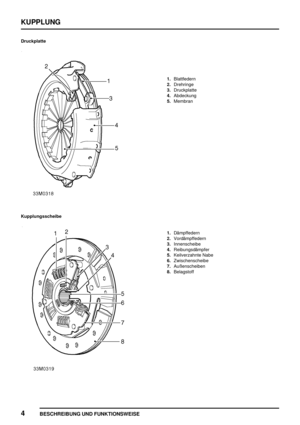 Page 419KUPPLUNG
4
BESCHREIBUNG UND FUNKTIONSWEISE
Druckplatte
Kupplungsscheibe
1.Blattfedern
2.Drehringe
3.Druckplatte
4.Abdeckung
5.Membran
1.Dämpffedern
2.Vordämpffedern
3.Innenscheibe
4.Reibungsdämpfer
5.Keilverzahnte Nabe
6.Zwischenscheibe
7.Außenscheiben
8.Belagstoff 