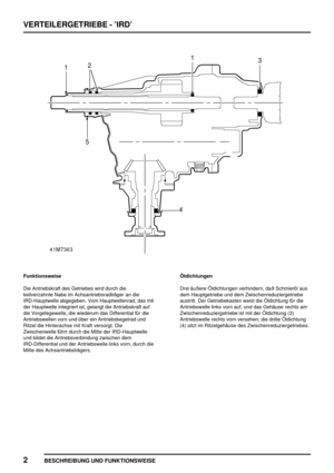 Page 449VERTEILERGETRIEBE - ’IRD’
2
BESCHREIBUNG UND FUNKTIONSWEISE
Funktionsweise
Die Antriebskraft des Getriebes wird durch die
keilverzahnte Nabe im Achsantriebsradträger an die
IRD-Hauptwelle abgegeben. Vom Hauptwellenrad, das mit
der Hauptwelle integriert ist, gelangt die Antriebskraft auf
die Vorgelegewelle, die wiederum das Differential für die
Antriebswellen vorn und über ein Antriebskegelrad und
Ritzel die Hinterachse mit Kraft versorgt. Die
Zwischenwelle führt durch die Mitte der IRD-Hauptwelle
und...