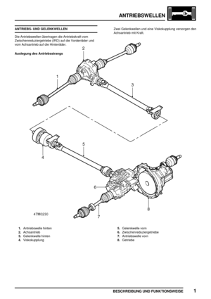 Page 466ANTRIEBSWELLEN
BESCHREIBUNG UND FUNKTIONSWEISE1
ANTRIEBS- UND GELENKWELLEN
Die Antriebswellen übertragen die Antriebskraft vom
Zwischenreduziergetriebe (IRD) auf die Vorderräder und
vom Achsantrieb auf die Hinterräder.Zwei Gelenkwellen und eine Viskokupplung versorgen den
Achsantrieb mit Kraft.
Auslegung des Antriebsstrangs
1.Antriebswelle hinten
2.Achsantrieb
3.Gelenkwelle hinten
4.Viskokupplung5.Gelenkwelle vorn
6.Zwischenreduziergetriebe
7.Antriebswelle vorn
8.Getriebe 