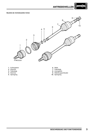 Page 468ANTRIEBSWELLEN
BESCHREIBUNG UND FUNKTIONSWEISE3
Bauteile der Antriebswellen hinten
1.Außengelenk
2.Klammer
3.Faltenbalg
4.Klammer
5.Sprengring6.Welle
7.Faltenbalg
8.Innengelenk
9.Öldichtungsschleuder
10.Sprengring 