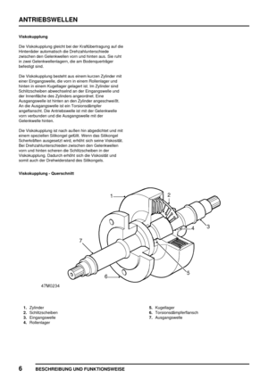 Page 471ANTRIEBSWELLEN
6
BESCHREIBUNG UND FUNKTIONSWEISE
Viskokupplung
Die Viskokupplung gleicht bei der Kraftübertragung auf die
Hinterräder automatisch die Drehzahlunterschiede
zwischen den Gelenkwellen vorn und hinten aus. Sie ruht
in zwei Gelenkwellenlagern, die am Bodenquerträger
befestigt sind.
Die Viskokupplung besteht aus einem kurzen Zylinder mit
einer Eingangswelle, die vorn in einem Rollenlager und
hinten in einem Kugellager gelagert ist. Im Zylinder sind
Schlitzscheiben abwechselnd an der...