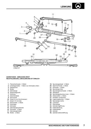 Page 512LENKUNG
BESCHREIBUNG UND FUNKTIONSWEISE7
ZAHNSTANGE - ABBILDUNG ZEIGT
RECHTSLENKUNG, LINKSLENKUNG IST ÄHNLICH
1.Flanschschraube - 2 Stück
2.Unterlegscheibe - 1 Stück (nur Schraube unten)
3.Staubschutz
4.Binder
5.Zahnstange
6.Rückschlagventil
7.Dichtung
8.Zwischenstück
9.Servoventil
10.Zulauf (6 mm Durchmesser)
11.Zulauf (10 mm dia)
12.Rohrschelle - 2 Stück
13.Rohrhalter
14.Schraube
15.Zahnstangenuntersatz
16.Schraube - 2 Stück
17.Zahnstangenhalter
18.Mutter - 2 Stück19.Spurstangenkopf - 2 Stück...