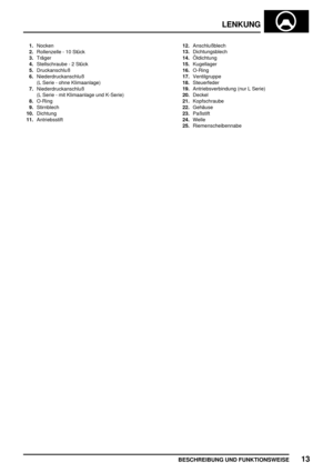 Page 518LENKUNG
BESCHREIBUNG UND FUNKTIONSWEISE13
1.Nocken
2.Rollenzelle - 10 Stück
3.Träger
4.Stellschraube - 2 Stück
5.Druckanschluß
6.Niederdruckanschluß
(L Serie - ohne Klimaanlage)
7.Niederdruckanschluß
(L Serie - mit Klimaanlage und K-Serie)
8.O-Ring
9.Stirnblech
10.Dichtung
11.Antriebsstift12.Anschlußblech
13.Dichtungsblech
14.Öldichtung
15.Kugellager
16.O-Ring
17.Ventilgruppe
18.Steuerfeder
19.Antriebsverbindung (nur L Serie)
20.Deckel
21.Kopfschraube
22.Gehäuse
23.Paßstift
24.Welle
25.Riemenscheibennabe 