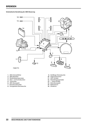 Page 609BREMSEN
22
BESCHREIBUNG UND FUNKTIONSWEISE
Schematische Darstellung der ABS-Steuerung
1.ABS-Drehzahlfühler
2.ABS-Modulator
3.Rückförderpumpenrelais
4.Warn- und Kontrolleuchten
5.Tachometer
6.ABS-Steuergerät
7.Bremsleuchtenrelais
8.Hochgesetzte Bremsleuchte9.Stoßfänger-Bremsleuchte
10.Diagnoseanschluß
11.HDC-Schalter
12.Rückwärtsgangschalter
13.1. Gang-Schalter
14.Motorsteuergerät
15.Batteriestrom
16.Zündstrom 