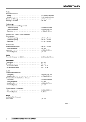 Page 67INFORMATIONEN
2
ALLGEMEINE TECHNISCHE DATEN
Kolben
Kolbendurchmesser:
Sorte A 79,975 bis 79,990 mm........................................
Sorte B 79,991 bis 80,005 mm........................................
Spiel in der Bohrung 0,01 bis 0,04 mm..............................
Zulässige Unrundheit 0,30 mm..............................
Kolbenringe
Spiel zwischen neuem Ring und Nut:
1. Verdichtungsring 0,040 bis 0,072 mm..............................
2. Verdichtungsring 0,030 bis 0,062...