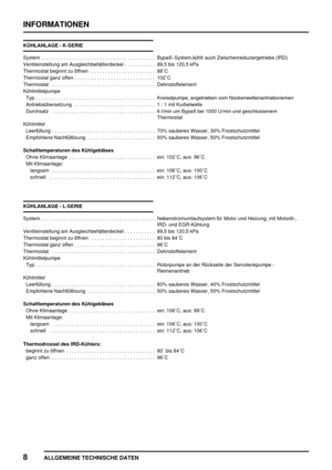 Page 73INFORMATIONEN
8
ALLGEMEINE TECHNISCHE DATEN
KÜHLANLAGE - K-SERIE
System BypaßSystem,kühlt auch Zwischenreduziergetriebe (IRD).........................................
Ventileinstellung am Ausgleichbehälterdeckel 89,5 bis 120,5 kPa...........
Thermostat beginnt zu öffnen 88C.......................
Thermostat ganz offen 102C.............................
Thermostat Dehnstoffelement.....................................
Kühlmittelpumpe
Typ Kreiselpumpe, angetrieben vom...