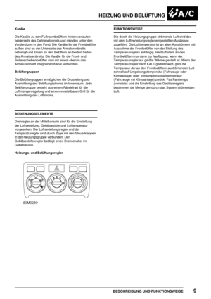 Page 824HEIZUNG UND BELÜFTUNG
BESCHREIBUNG UND FUNKTIONSWEISE9
Kanäle
Die Kanäle zu den Fußraumbelüftern hinten verlaufen
beiderseits des Getriebetunnels und münden unter den
Vordersitzen in den Fond. Die Kanäle für die Frontbelüfter
außen sind an der Unterseite des Armaturenbretts
befestigt und führen zu den Belüftern an beiden Seiten
des Armaturenbretts. Die Kanäle für die Front- und
Seitenscheibenbelüfter sind mit einem oben in das
Armaturenbrett integrierten Kanal verbunden.
Belüftergruppen
Die...