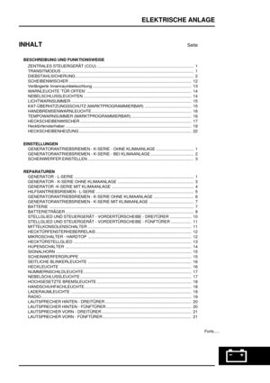 Page 886ELEKTRISCHE ANLAGE
INHALT
Seite
BESCHREIBUNG UND FUNKTIONSWEISE
ZENTRALES STEUERGERÄT (CCU) 1.....................................................................................
TRANSITMODUS1 ....................................................................................................................
DIEBSTAHLSICHERUNG 2........................................................................................................
SCHEIBENWISCHER...