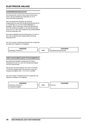 Page 903ELEKTRISCHE ANLAGE
16
BESCHREIBUNG UND FUNKTIONSWEISE
HANDBREMSENWARNLEUCHTE
Eine Warnleuchte, die den Fahrer darauf aufmerksam
macht, daß die Handbremse angezogen ist, ist im
Instrumentenfeld angeordnet.
Wenn bei bestimmten Modellen die Zündung
eingeschaltet wird, geht die Handbremsenwarnleuchte für
ca. 5 Sekunden an, um ihre Funktionsfähigkeit zu
bestätigen. Nach 5 Sekunden erlischt die Warnleuchte,
wenn die Handbremse gelöst ist. Die Warnleuchte geht
immer dann an, wenn die Handbremse bei...