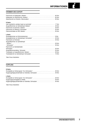 Page 92INFORMATIONEN
DREHMOMENTWERTE7
KRÜMMER UND AUSPUFF
Flammrohr an Katalysator, Muttern 60 Nm.......................................
Katalysator an Zwischenrohr, Muttern 60 Nm.....................................
Zwischenrohr an Endrohr, Klemmuttern 55 Nm...................................
K-Serie
Inlet manifold to cylinder head nut and bolts
117 Nm ...............................
Auspuffkrümmer an Zylinderkopf, Muttern145 Nm .................................
Flammrohr an Krümmer, Muttern 45...