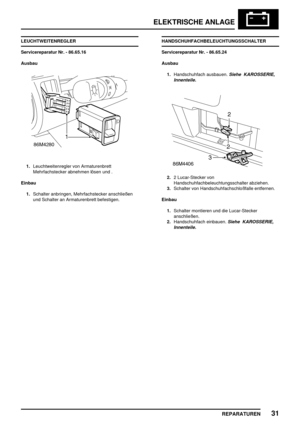 Page 944ELEKTRISCHE ANLAGE
REPARATUREN31
LEUCHTWEITENREGLER
Servicereparatur Nr. - 86.65.16
Ausbau
1.Leuchtweitenregler von Armaturenbrett
Mehrfachstecker abnehmen lösen und .
Einbau
1.Schalter anbringen, Mehrfachstecker anschließen
und Schalter an Armaturenbrett befestigen.HANDSCHUHFACHBELEUCHTUNGSSCHALTER
Servicereparatur Nr. - 86.65.24
Ausbau
1.Handschuhfach ausbauen.
Siehe KAROSSERIE,
Innenteile.
2.2 Lucar-Stecker von
Handschuhfachbeleuchtungsschalter abziehen.
3.Schalter von Handschuhfachschloßfalle...